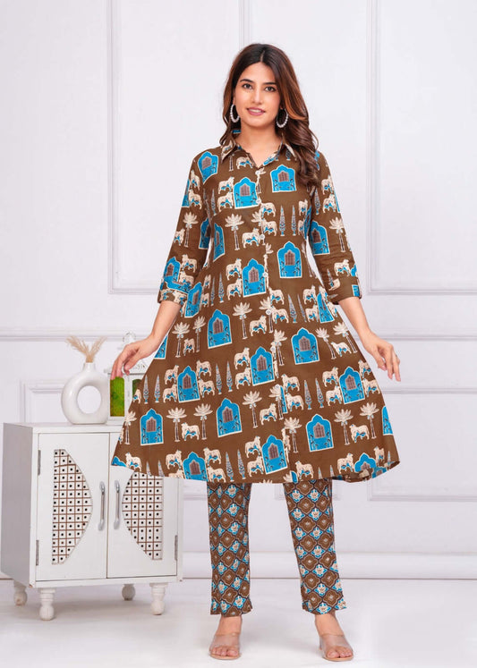 Brown Colour Printed Cotton Kurta Set for Women