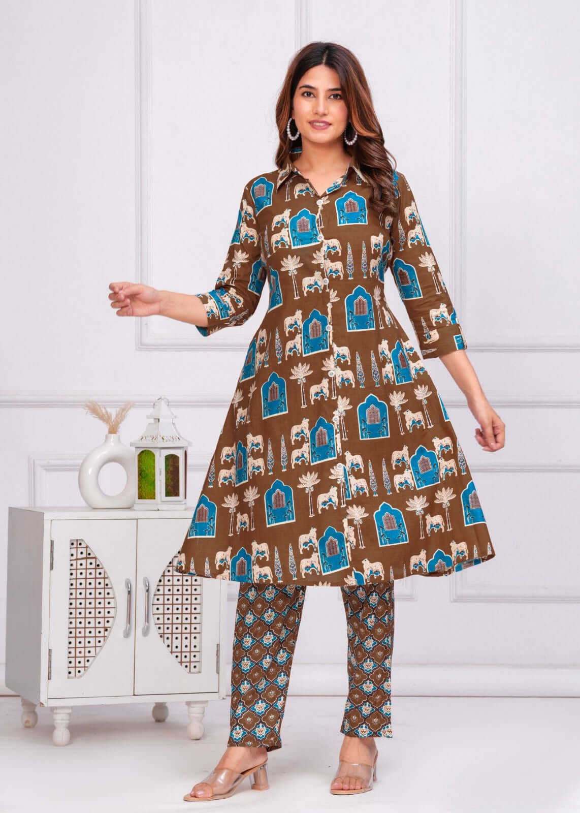Brown Colour Printed Cotton Kurta Set for Women