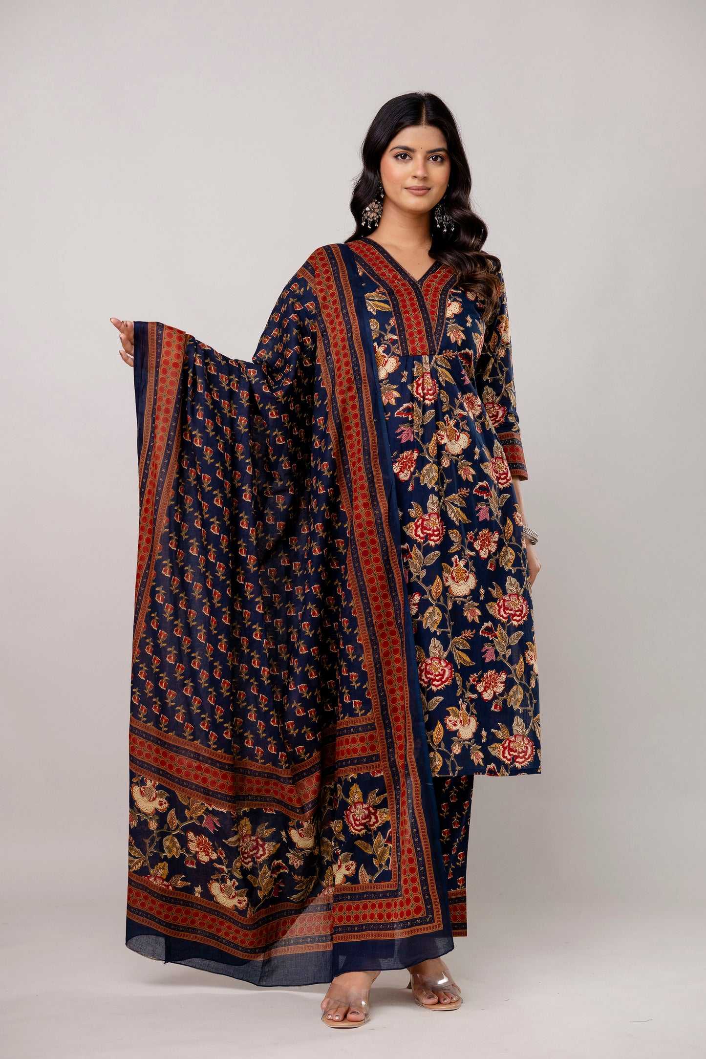 Navy cotton printed kurti set with dupatta