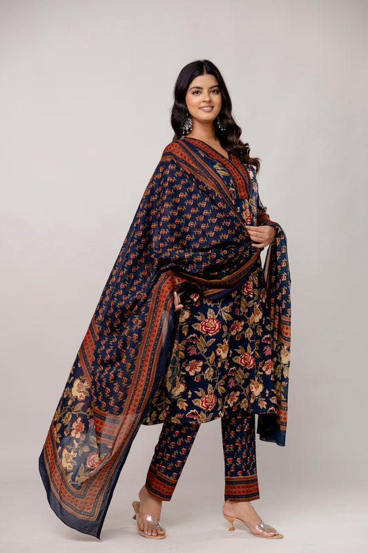 Navy cotton printed kurti set with dupatta
