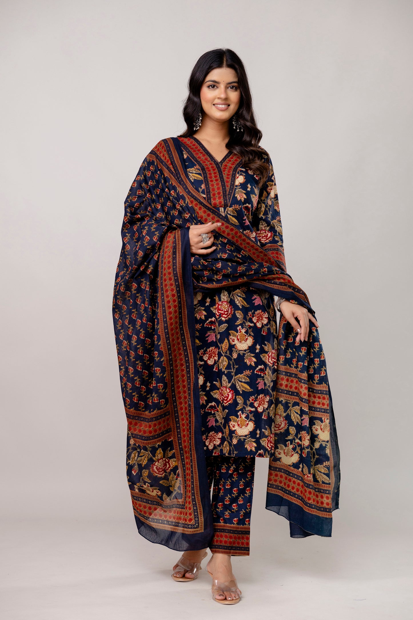 Navy cotton printed kurti set with dupatta