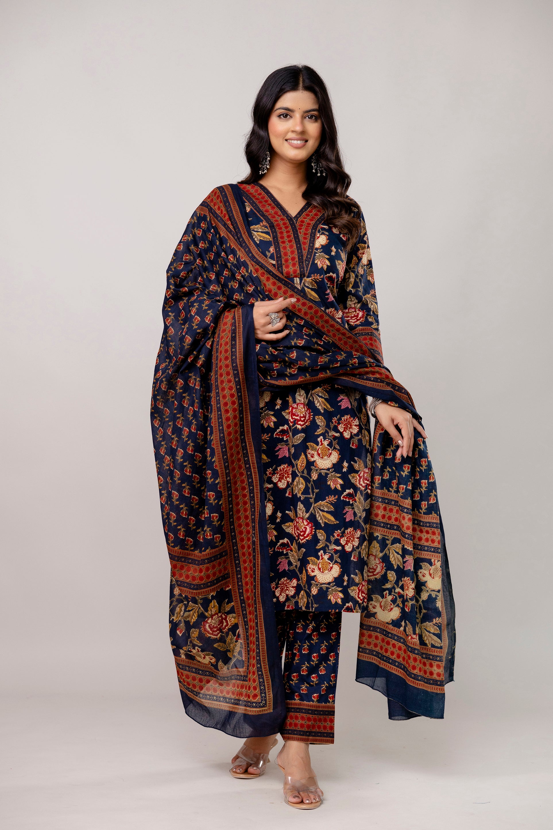 Navy cotton printed kurti set with dupatta