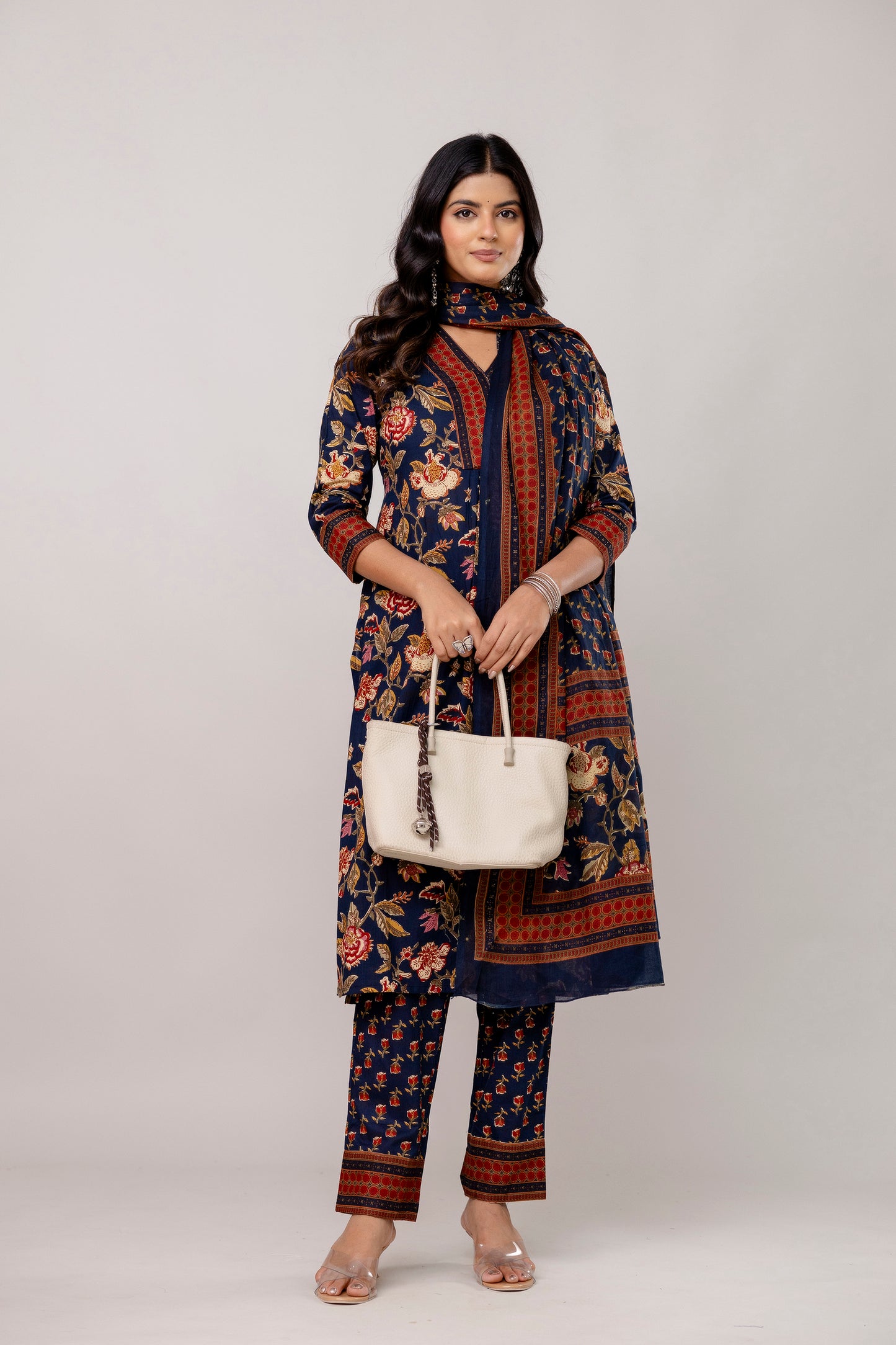 Navy cotton printed kurti set with dupatta