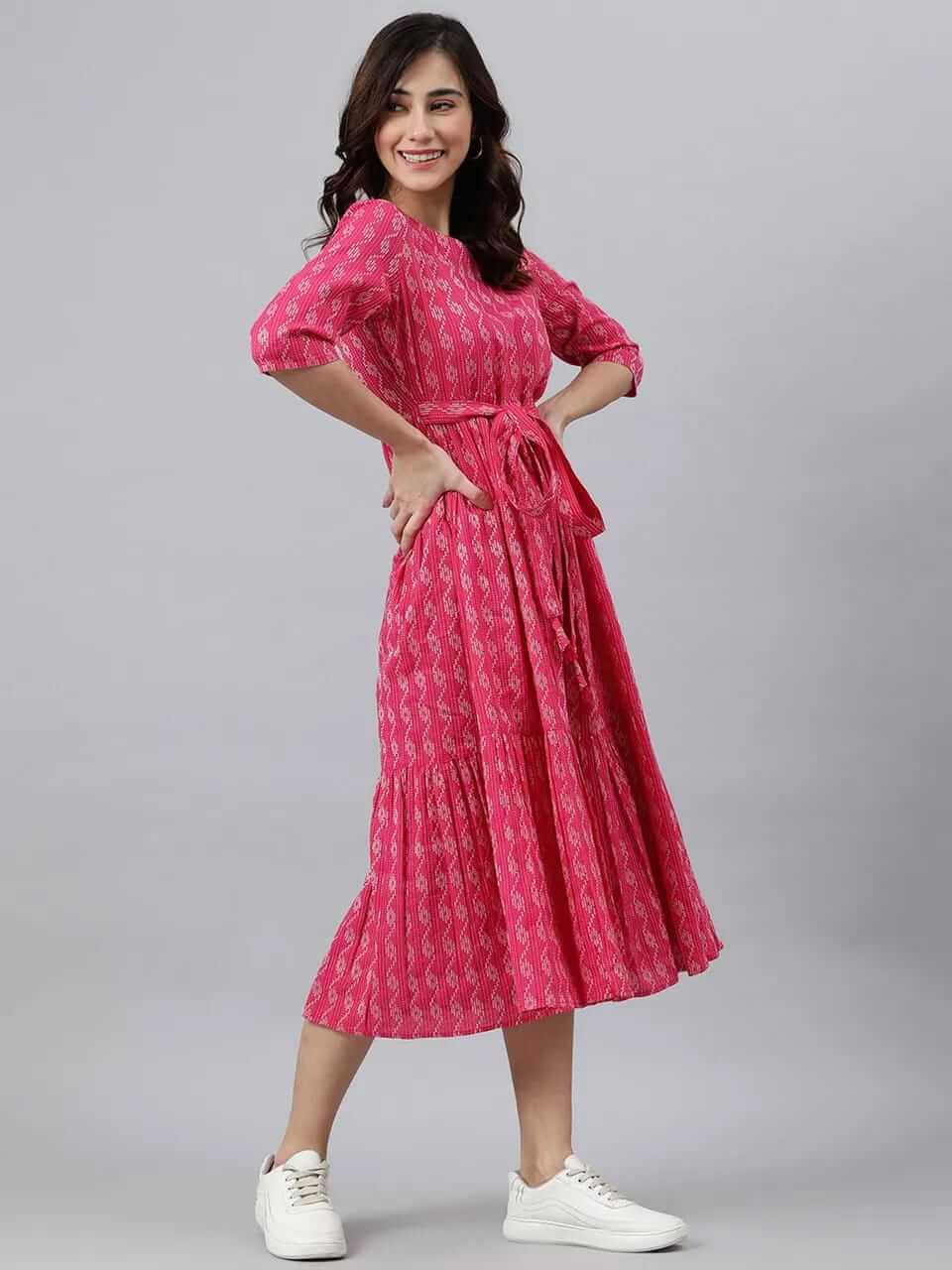 Midi Dress For Women in vibrant pink, featuring a flowy A-line design and stylish belt, perfect for casual outings.