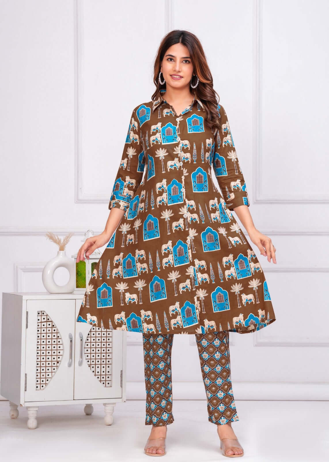 Brown Colour Printed Cotton Kurta Set for Women 